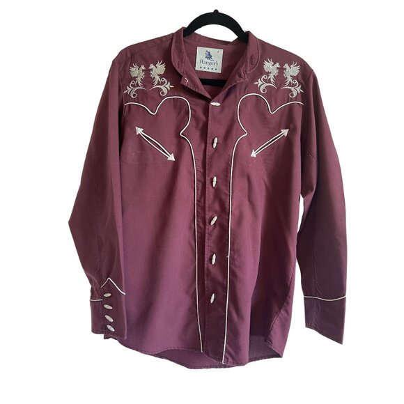 Ranger's Men's Embroidered Button Western Shirt S Maroon Poly/Cotton Cowboy - Picture 1 of 8